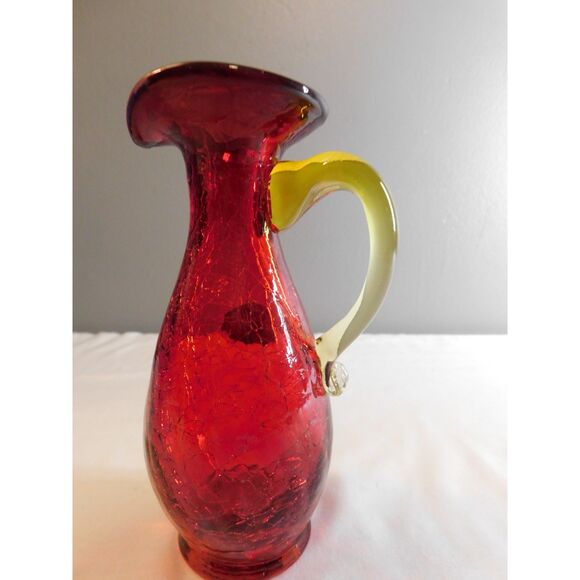 Kanawha Amberina Handblown Crackle Glass Pitcher with Applied Handle Vintage - Picture 3 of 9